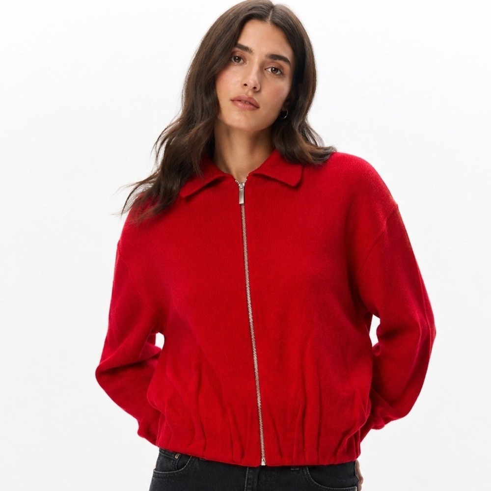 HM Womens Red Full Zip Knit Oversized Zip Through Cardigan Size XS NWT